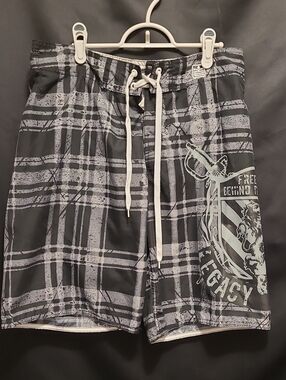 Machine Black & Gray Plaid Swim Board Shorts SIZE 32